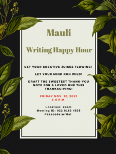 Mauli - Writing Happy Hour Flyer